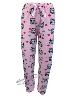 Pantaloni pijama dama, polar, roz deschis cu imprimeu gri si roz