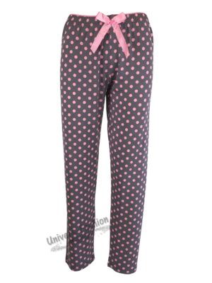 Pantaloni pijama dama, gri deschis cu buline roz